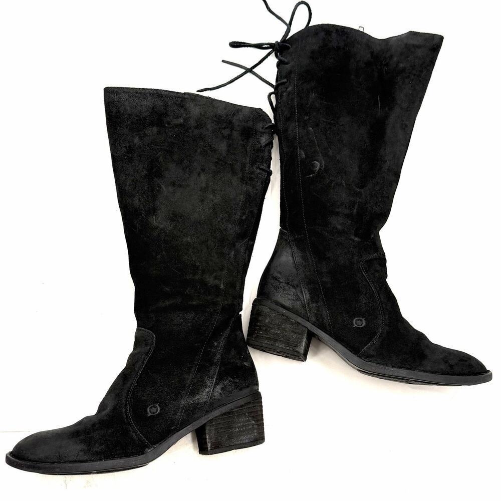 Born Felicia Distressed Black Suede Knee-High Lace & Side Zip Boots Womens 9.5 - Picture 2 of 12